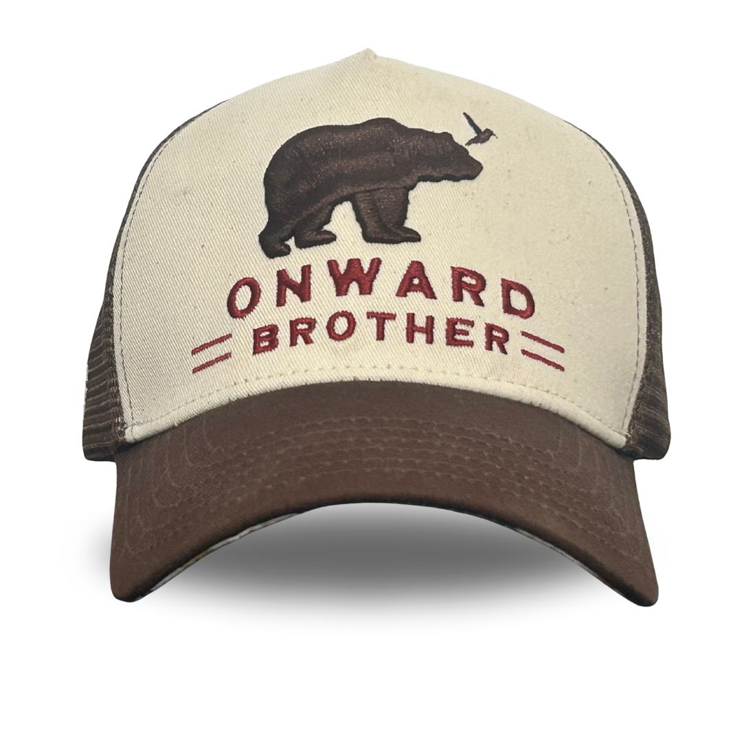 Beige and brown cap with bear graphic and 'Onward Brother' text on a white background