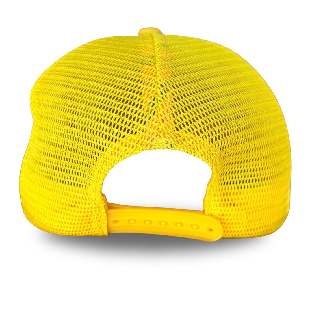 Bright yellow trucker-style cap shown from the back, featuring a yellow mesh back and a solid yellow plastic snap closure strap, isolated on a white background.
