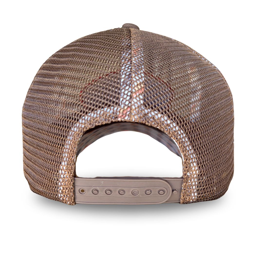 Rear view of a brown mesh trucker hat with a brown plastic snapback closure on a white background.